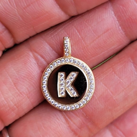 Shiny letter K pave set CZ diamonds 925 sterling silver gold vermeil disc neckla - Picture 7 of 10